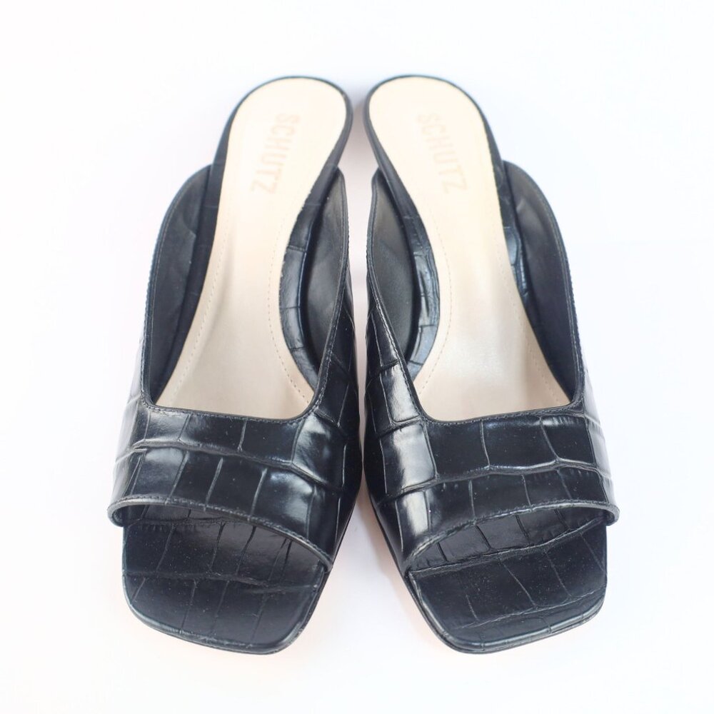 Schutz Womens Agape Croc Leather Slip On Heels Sandals Black 8 Medium- 0141 - Picture 2 of 14
